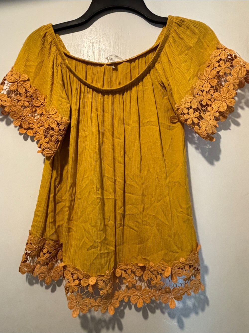 Active USA Mustard Yellow Short Sleeve Tunic with Floral Crochet Trim